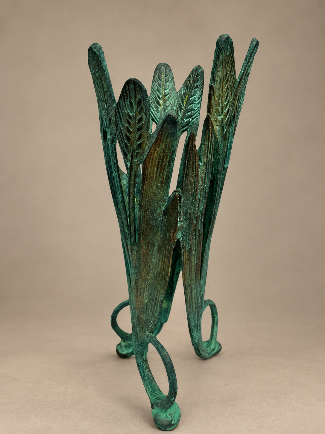 Vintage Art Deco Patina Bronze Sculpture, Vase Candle Holder, Wheat Grass Motif