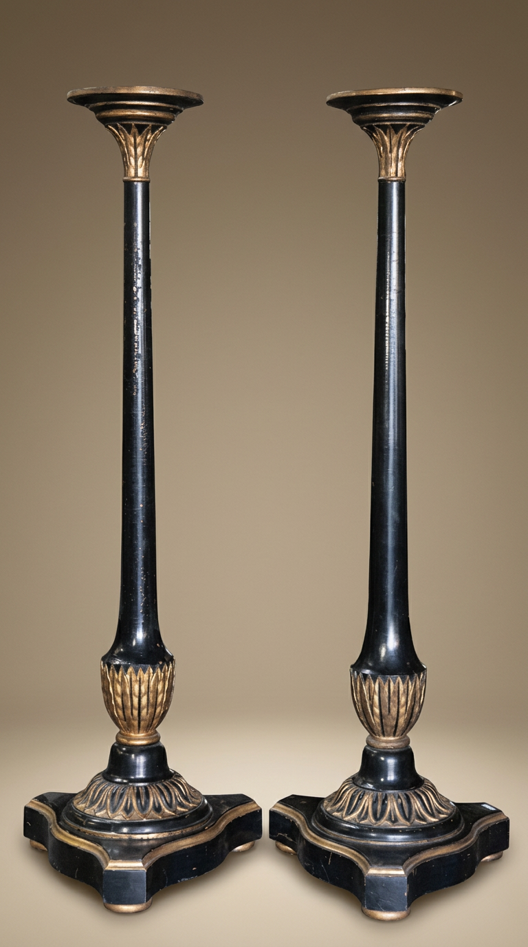 Monumental Italian Ebonized and Parcel-Gilt Pedestals — A Pair