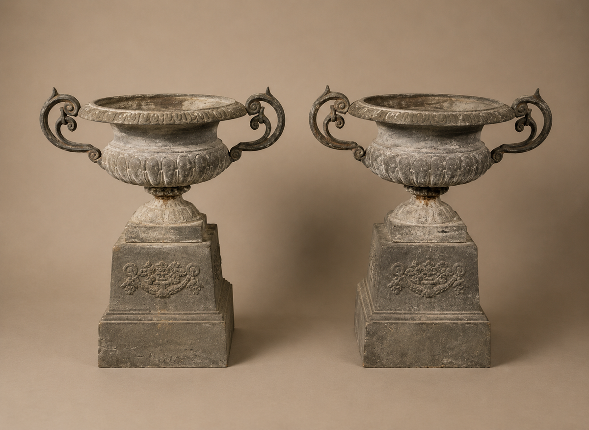 Pair of cast iron Garden Urns with Decorative handles