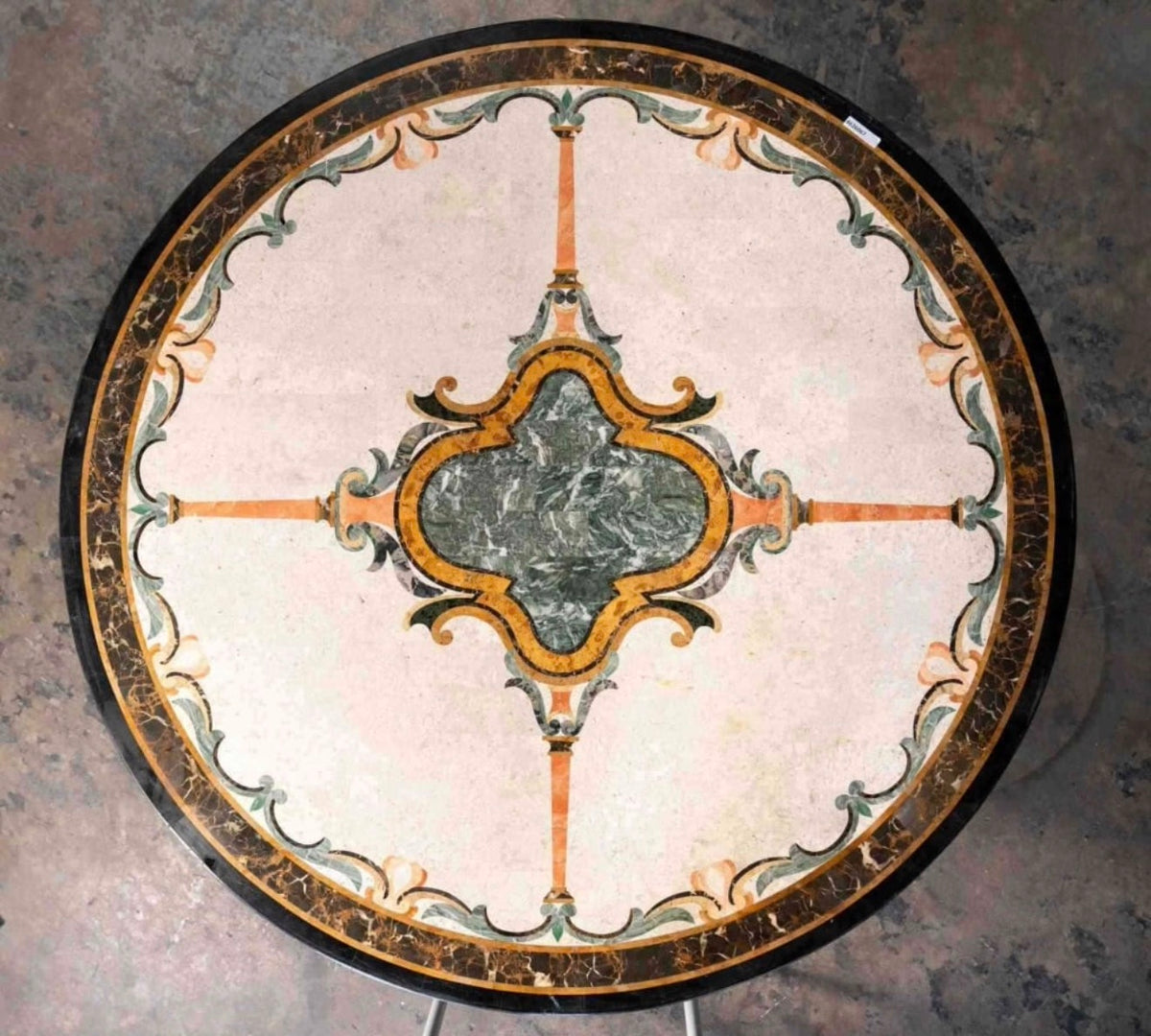 Italian Inlaid Marble Center Table on Blackened-Iron Base