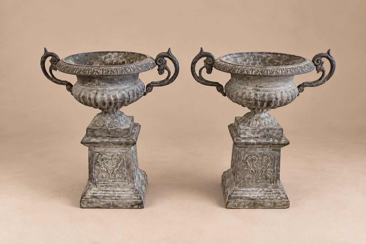 Pair of Cast Iron Grey Garden Urns on Pedestals