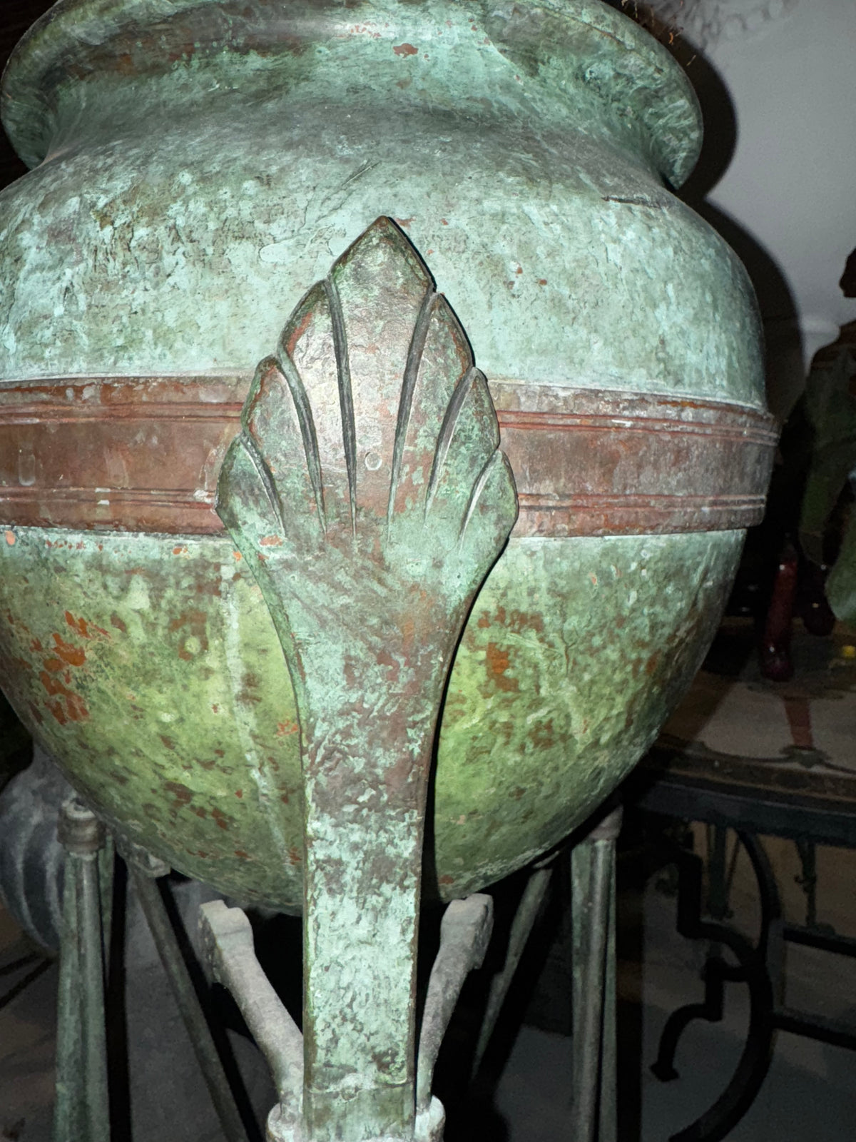Pair of Monumental Patinated Bronze Jardinieres on Stands, Attributed to Tiffany Studios, circa 1910–1915