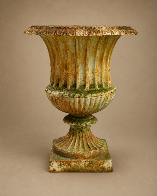 Classical form urn, late 19th/early 20th C, Cast iron with older white finish