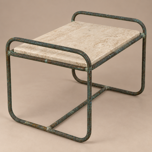 Walter Lamb 1900-1989 Bronze Side End Table with Orginal Travertine