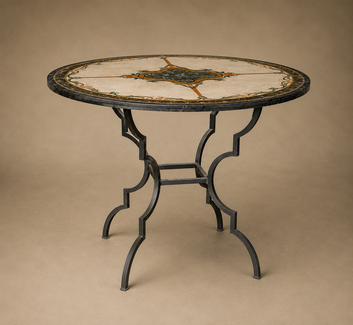 Italian Inlaid Marble Center Table on Blackened-Iron Base