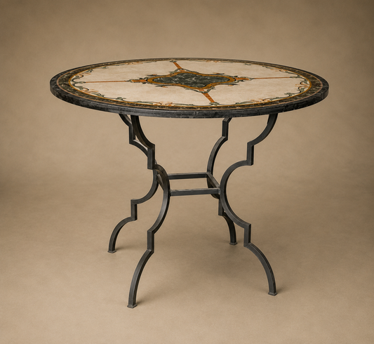 Italian Inlaid Marble Center Table on Blackened-Iron Base