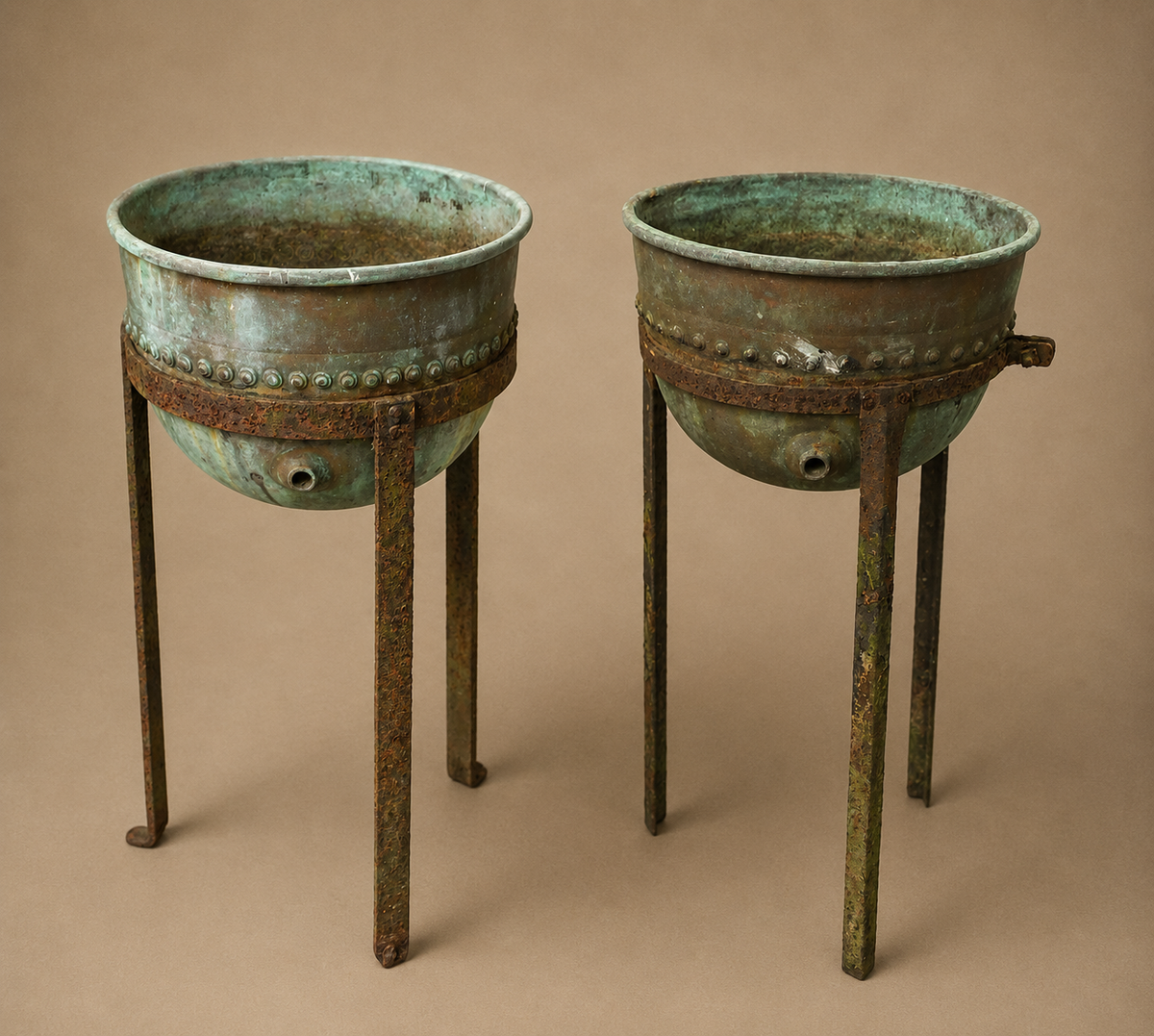 Pair of Etruscan style verdigri copper planters with spouts, beaded border