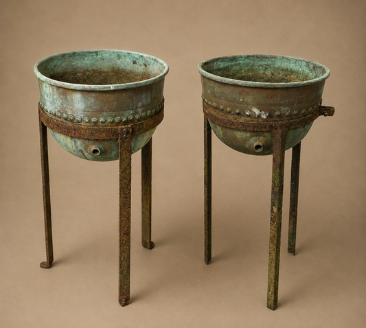 Pair of Etruscan style verdigri copper planters with spouts, beaded border