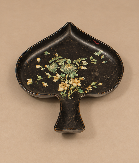 English Japanned Papier Mache Matchstick Holders-Spade Floral Tray