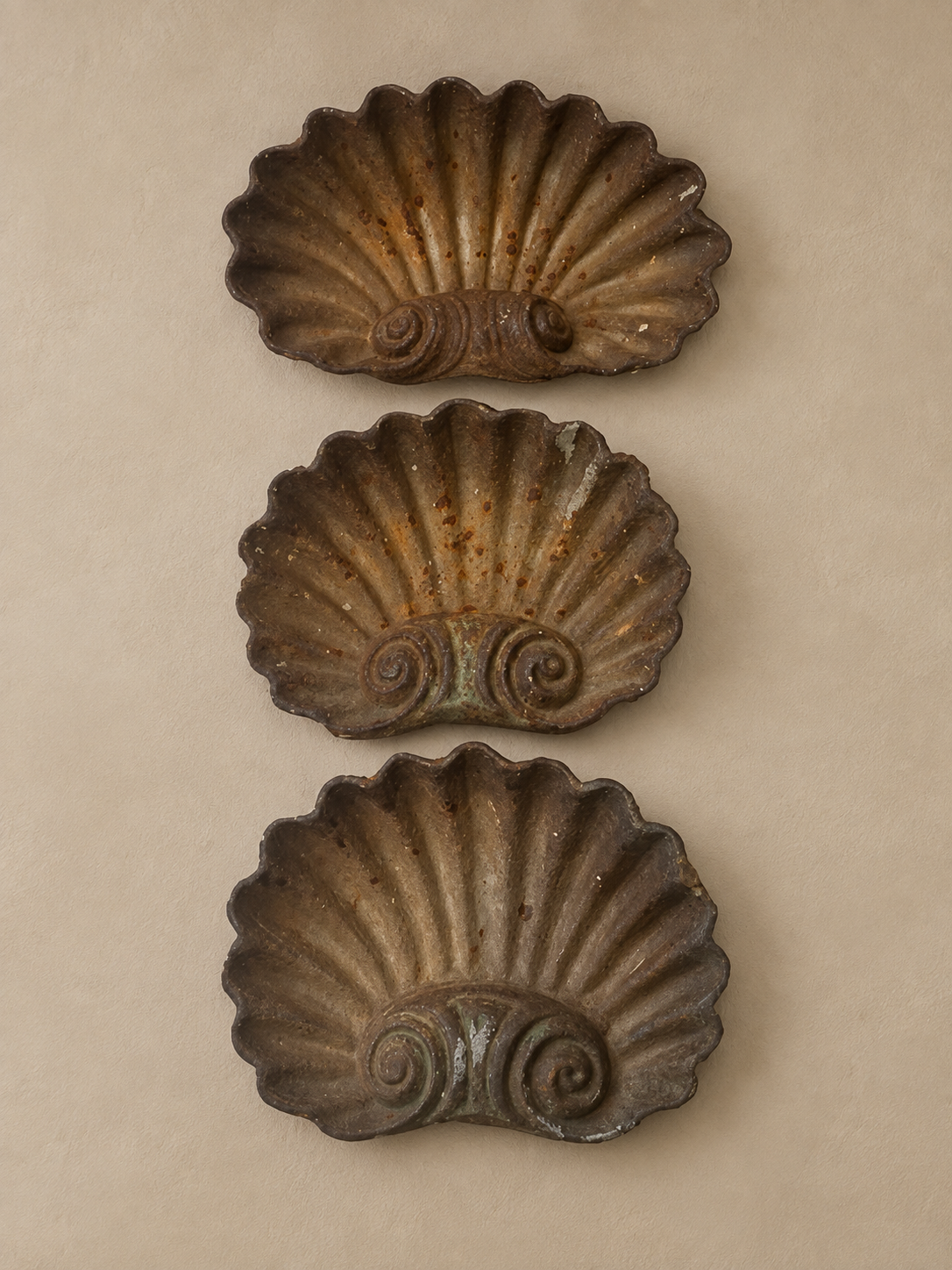 Set (3) Antique Cast Iron Shell Form Garden or Fountain Pieces 12” and 9” Rare