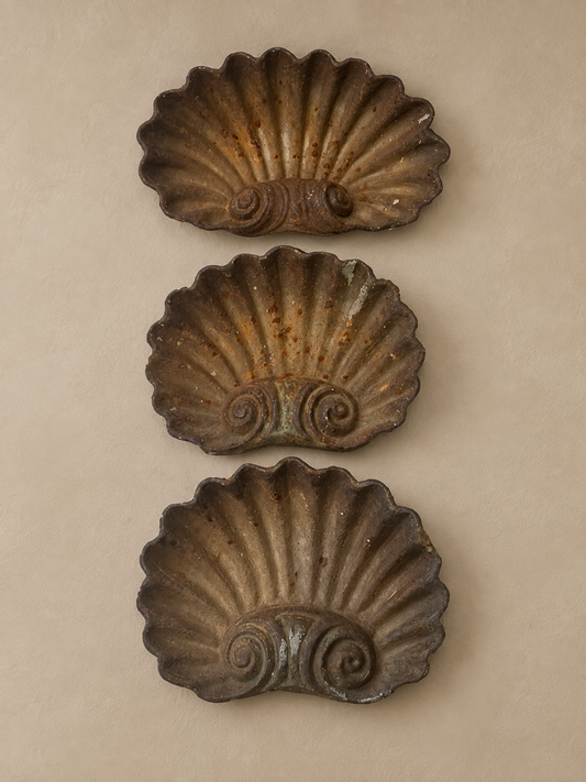 Set (3) Antique Cast Iron Shell Form Garden or Fountain Pieces 12” and 9” Rare