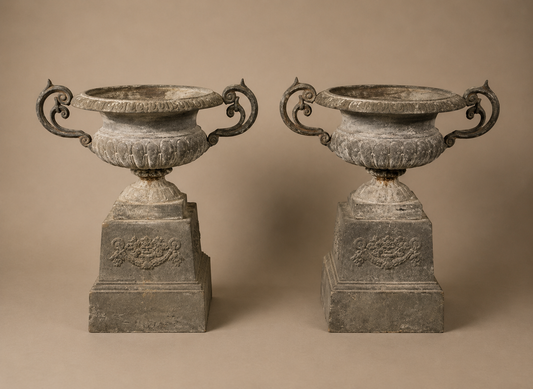 Pair of cast iron Garden Urns with Decorative handles