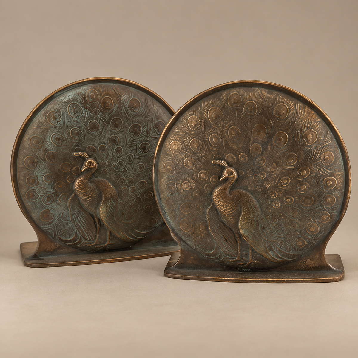 1920s Weidlich Brothers “Proud Peacock” Bronze Bookends — Signed Pair