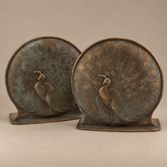 1920s Weidlich Brothers “Proud Peacock” Bronze Bookends — Signed Pair