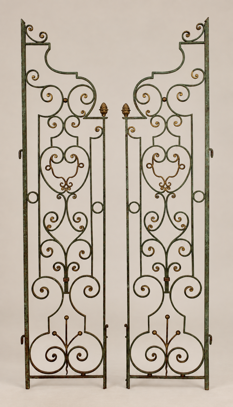 Pair of French scrolled verdigris iron garden gates