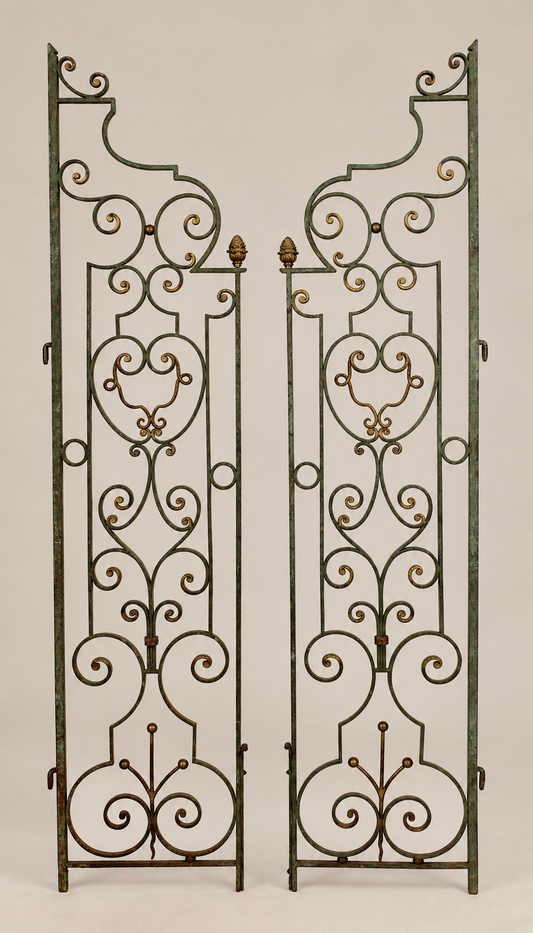 Pair of French scrolled verdigris iron garden gates