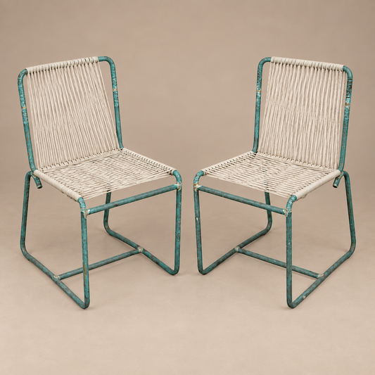 Walter Lamb for Brown Jordan Bronze Dining Chairs, Pair, and footstool