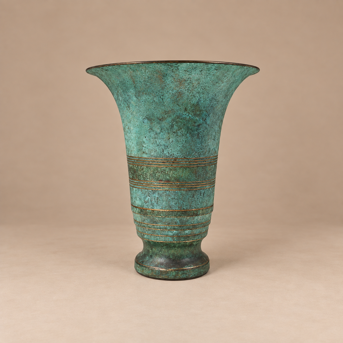 1920's Signed CS 8" x 7.5" Bronze Vase Green Patina Arts & Crafts