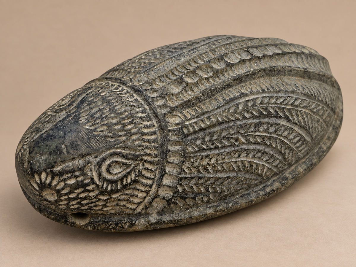 Ancient Egyptian Sacred Scarab Weight Stone with feathered carving c. 2nd millenium BCE