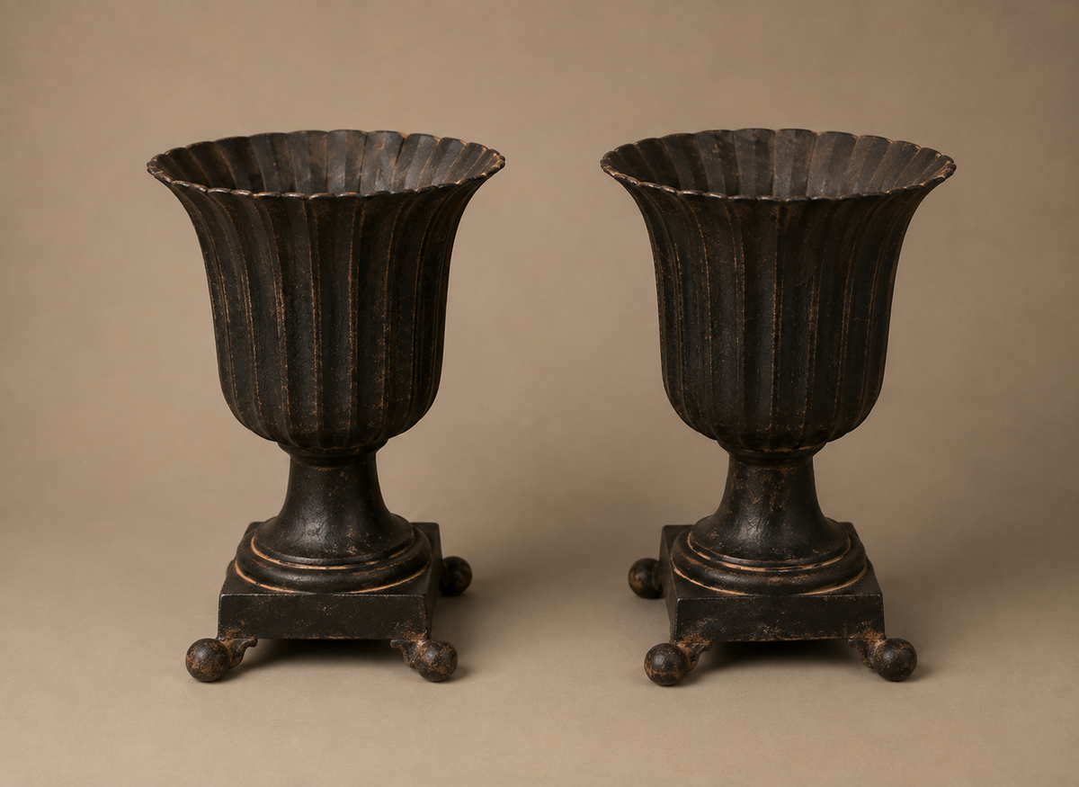 Pair of contemporary Black Claw foot garden urns