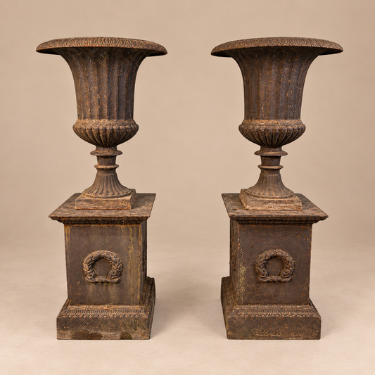Pair of Classical Cast Iron Garden Urns on Pedestals with Wreath Motif